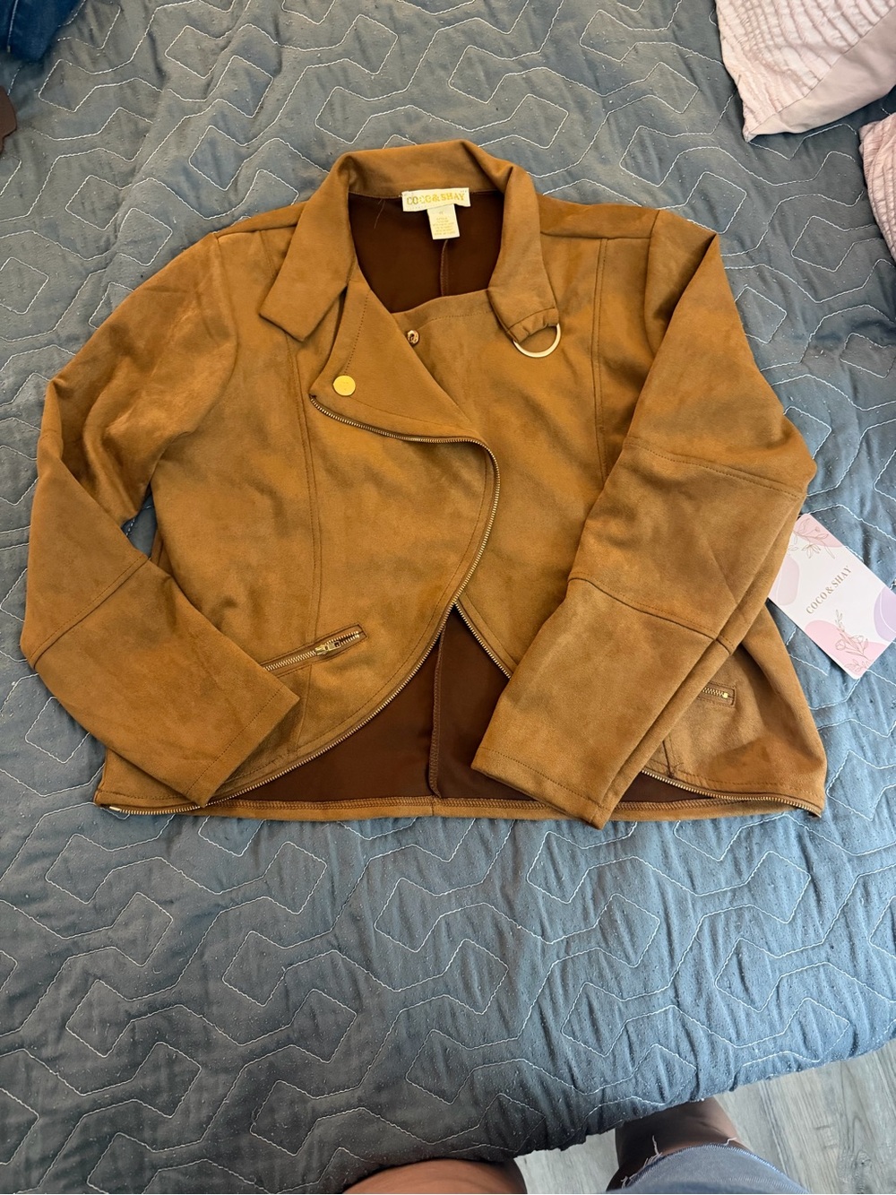 CeCe Suede-Look Asymmetrical Zip Jacket - Tan